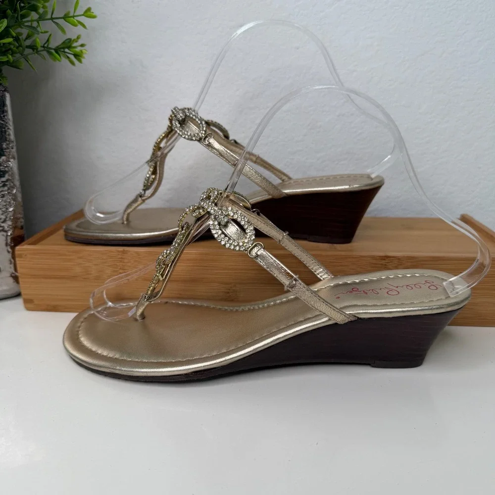 Lilly‎ Pulitzer Wedge Sandals Womens Gold Rhinestone Chain Resort Glam Size 6